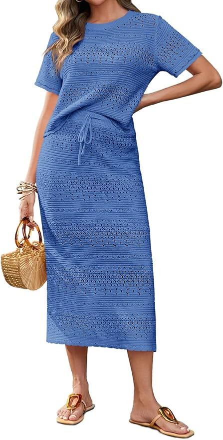 Tankaneo Womens Crochet Cover Up 2 Piece Skirt Sets Short Sleeve Knit Top Midi Skirt Vacation Tra... | Amazon (US)
