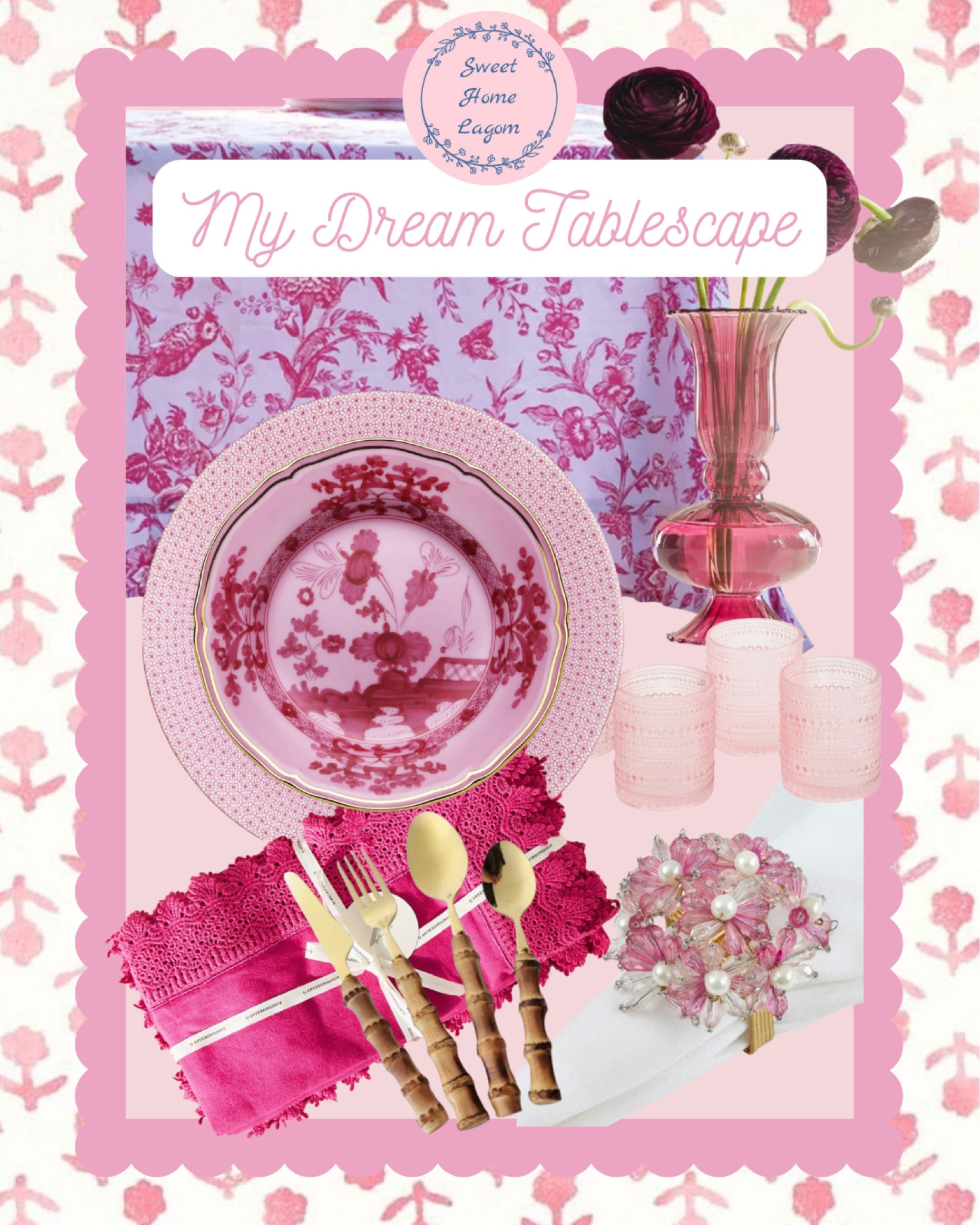 This Ginori china pattern is my dream china! I love this whole tablescape. And the pink lace plate underneath…you have to see bigger pics of it! It’s gorgeous! 


Grandmillennial, tablescape, table styling, traditional home, Ginori, pink china, pink home, bamboo flatware, Mottahedeh 

#LTKstyletip #LTKfindsunder100 #LTKhome