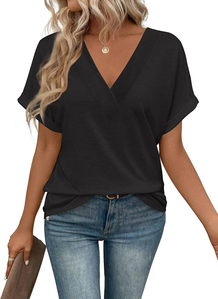 T Shirts Short Sleeve V Neck Tees Womens Tops Beach Vacation Fashion Clothes 2026 Casual Summer S... | Amazon (US)