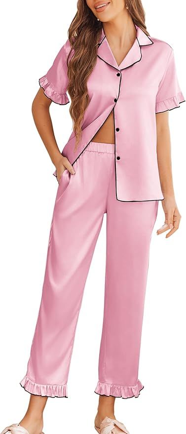 Ekouaer Silk Pajamas for Women Satin Short Sleeve Pajamas Set with Ruffle 2 Pieces Button Down To... | Amazon (US)