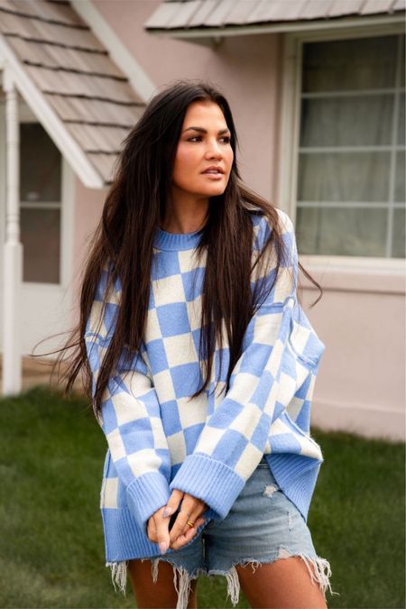 Blue and white checkered sweater 

#LTKstyletip #LTKSeasonal