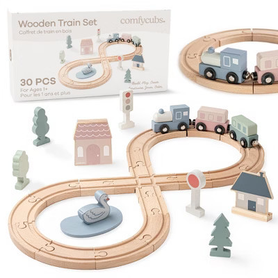 Comfy Cubs 30-Piece Wooden Train Set for Ages 1+, Toddler Train Set with Wooden Toy Tracks | Target