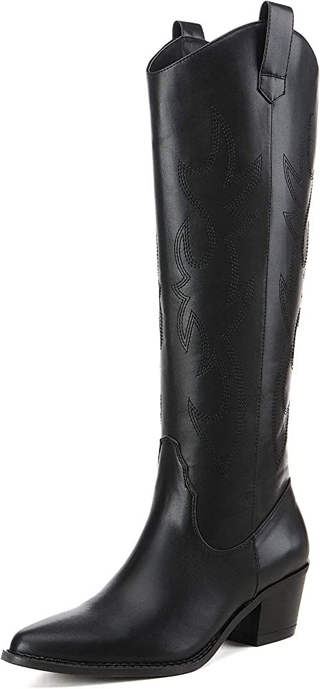 Amazon.com | Athlefit Women's Western Embroidered Cowboy Boots Pointed Toe Chunky Heel Pull On Kn... | Amazon (US)