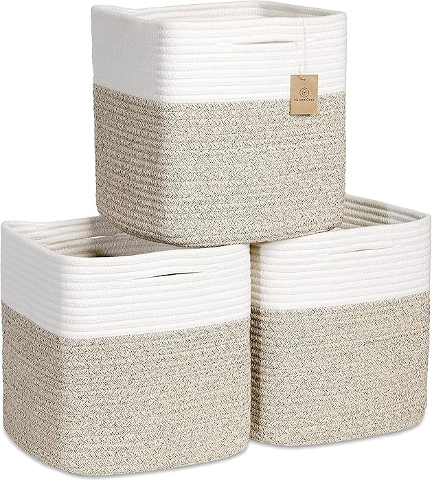 NaturalCozy Storage Cubes 11 Inch Cotton Rope Woven Baskets for Organizing, 3-Pack | Cube Bin Squ... | Amazon (US)