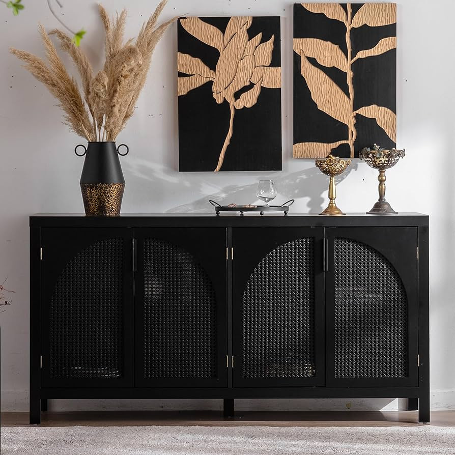 58" Black Buffet Sideboard Cabinet with Storage, Large Sideboard Cabinet with Symmetrical Arc Rat... | Amazon (US)