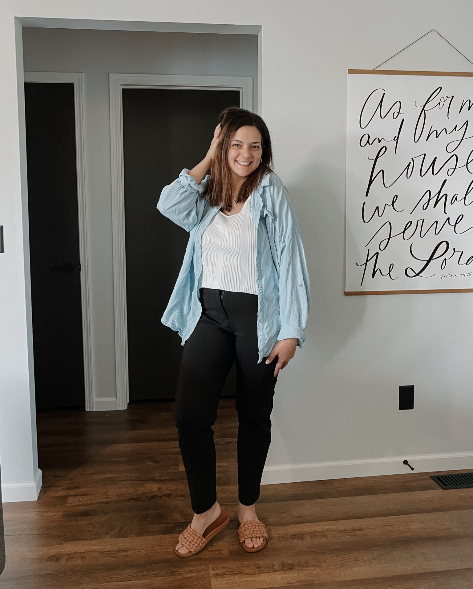 My ideal layered midsize outfit! I’ve been on the hunt for black pants I can dress up or down and these are great. Perfect stretch to them! 

#LTKFindsUnder50 #LTKStyleTip #LTKMidsize