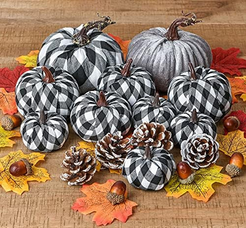 Lvydec Artificial Pumpkins Set Harvest Decoration, 10pcs Assorted Size Plaid Pumpkins with Maple ... | Amazon (US)