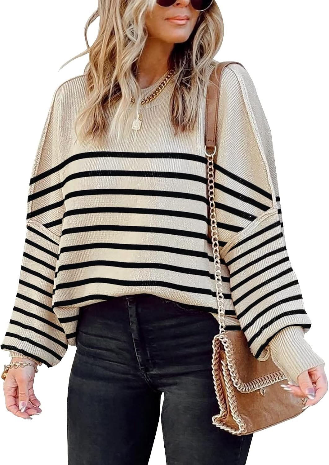 SAUKOLE Womens Sweaters Batwing Sleeve Side Slit Loose Knit Pullover Tops | Amazon (US)