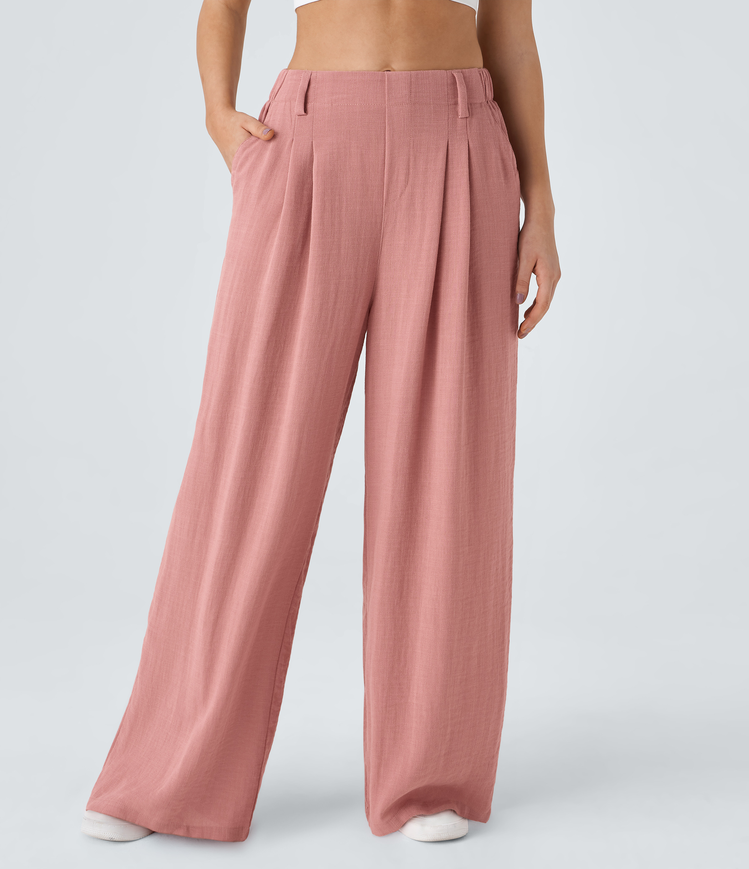 Women’s High Waisted Pocket Wide Leg Flowy Solid Palazzo Casual Linen-Feel Trousers - Halara | Halara UK