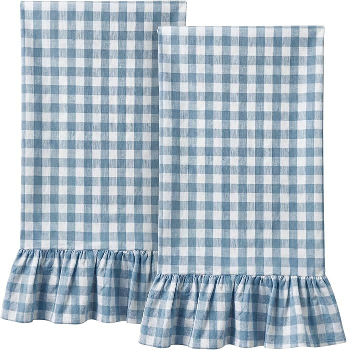 Dusty Blue Kitchen Towels Set of 2, 100% Cotton Ruffled Gingham Dish Towels 18"x28" Absorbent Tea... | Amazon (US)