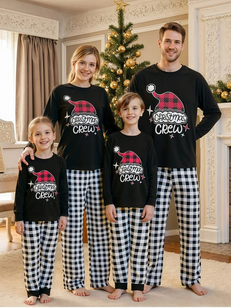 Jaweiwi Christmas Pajamas for Family Matching Long Sleeve Santa Hat Print Black T shirt Tops + Pl... | Walmart (US)