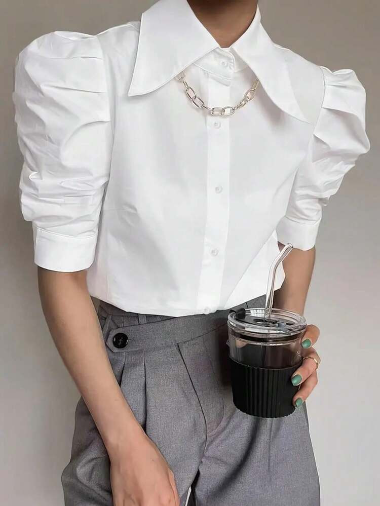 Bluse mit auffällig einfarbig aufgeblähten Ärmeln - elegantes Knopfverschluss-Design, atmungsa... | SHEIN