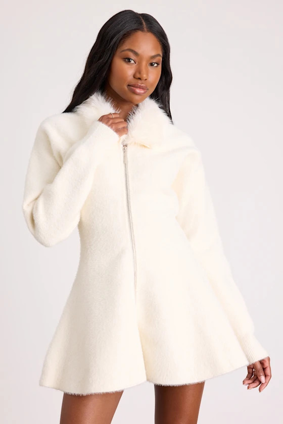 Violetta Ivory Collared Zip-Front Sweater Mini Dress | Lulus