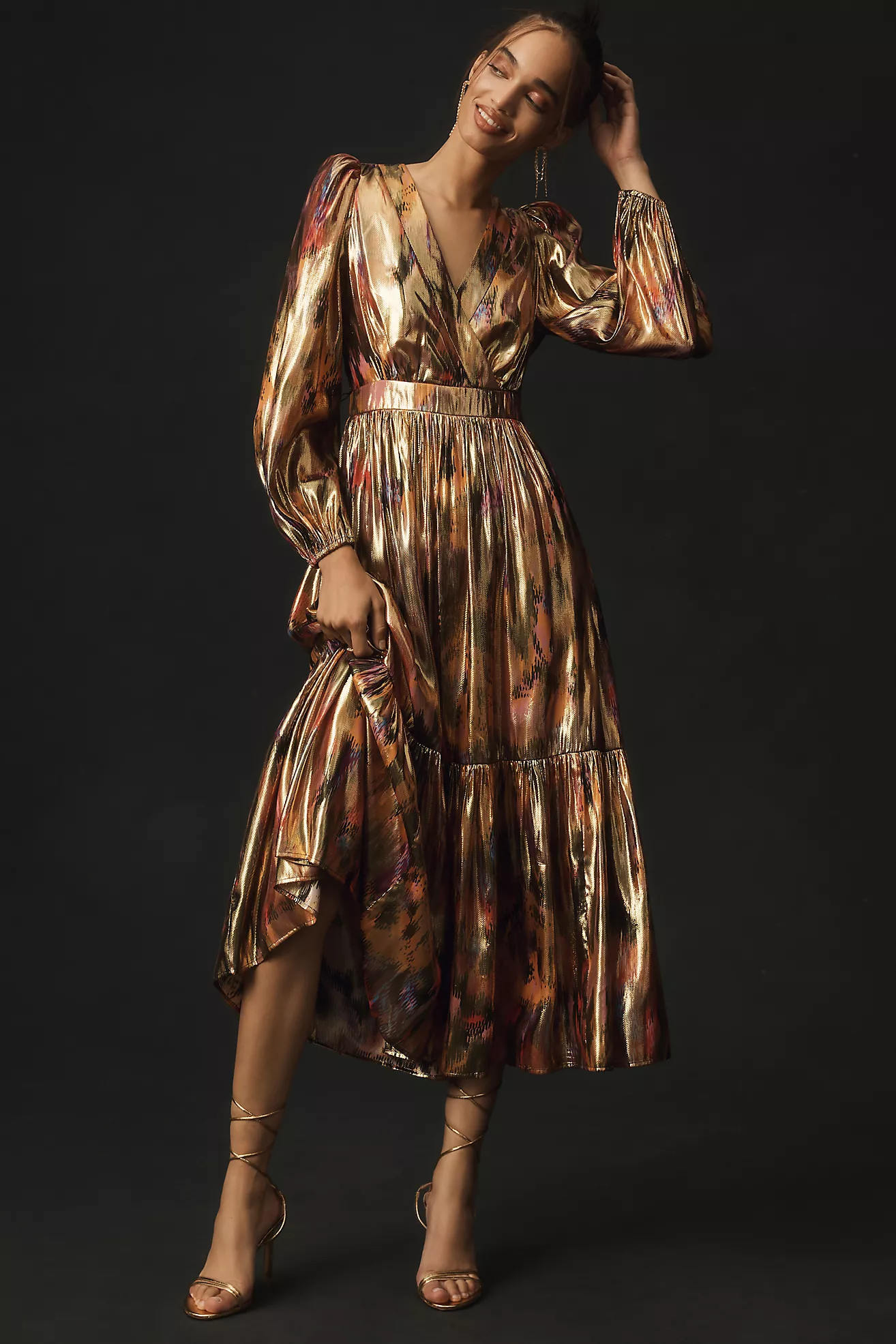 By Anthropologie Long-Sleeve V-Neck Metallic Midi Dress | Anthropologie (US)