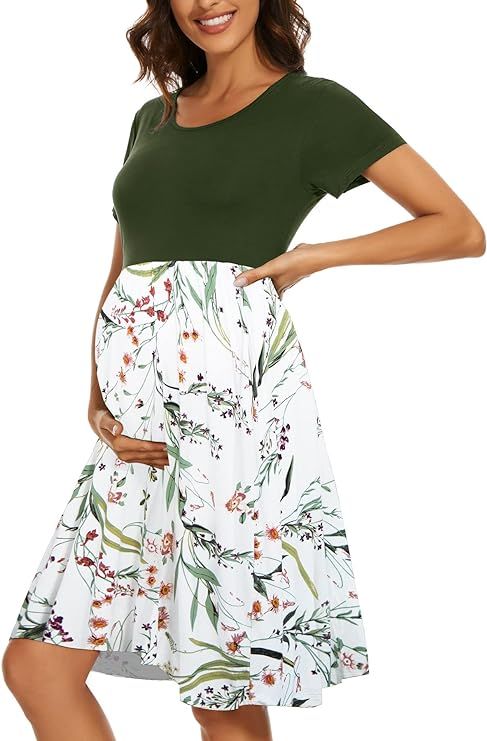 Women's Short Sleeve Maternity Dress Patchwork Pregnancy Clothes with Pockets | Amazon (US)