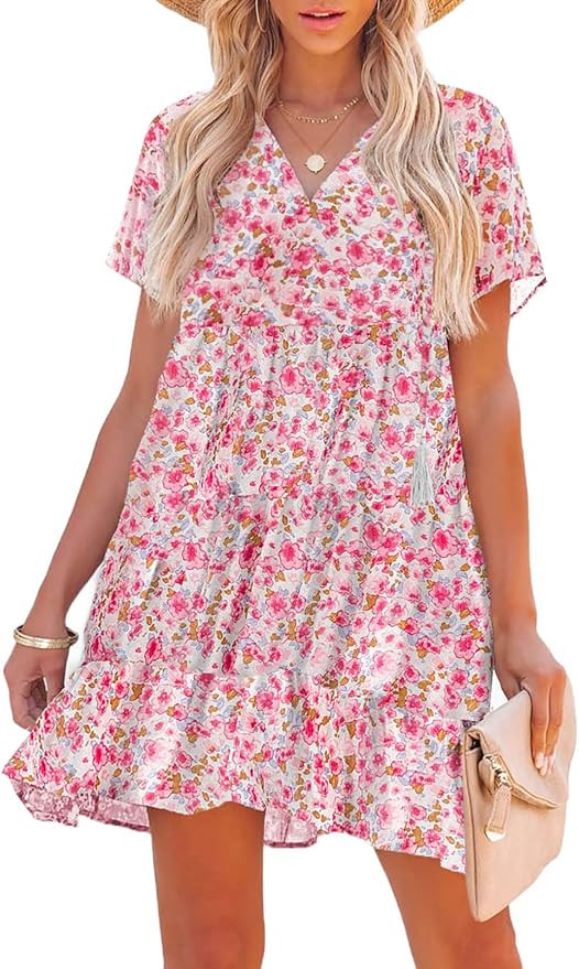 SHEWIN Women's Summer Floral Dress Casual V Neck Short Sleeve Ruffle Hem A-Line Boho Mini Dress | Amazon (US)