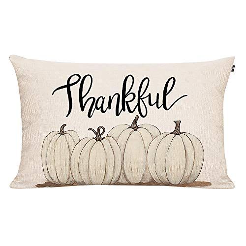 GTEXT Fall Throw Pillow Cover Autumn Decor Thankful with White Pumpkins Pillow Cover 20x12 inch Outd | Amazon (US)