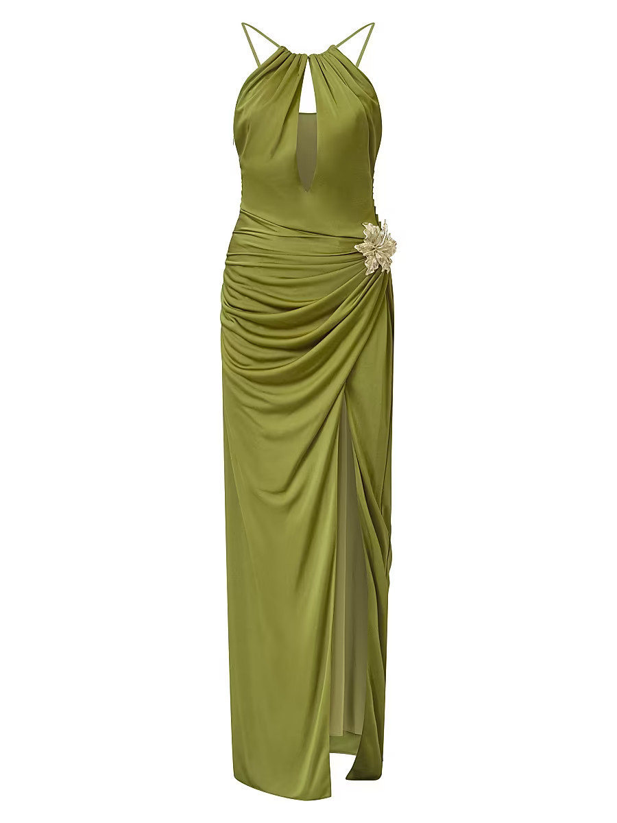 Women's Elin Embellished Jersey Halterneck Gown - Army - Size 4 | Saks Fifth Avenue