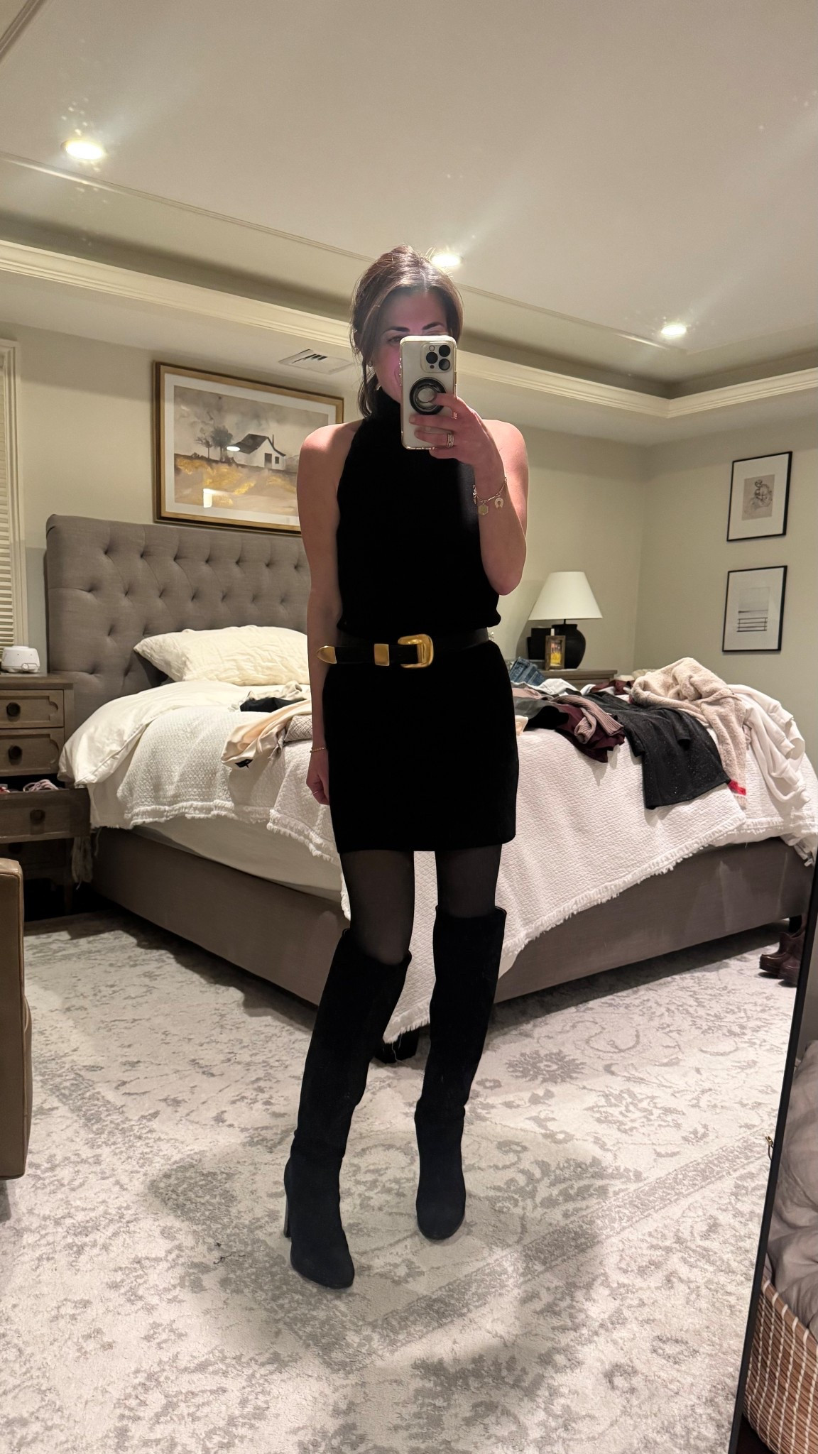 Turtleneck sleeveless sweater dress  chunky belt black suede boots  

#LTKSeasonal #LTKPetite #LTKootd