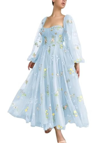 Fivsole Blue Flower Prom Dresses Floral Embroidery Puffy Sleeve Tea Party Dress Formal Tulle Evening Party Gowns with Pockets US14 | Amazon (US)