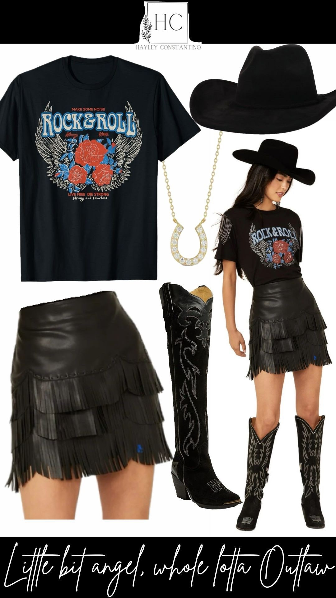 Little bit angel, a whole lotta outlaw, she’s trouble and I’ll tell you right now, long live cowgirls
Country Concert outfit
Festival Style
Cowgirl fashion
Cowboy boots
Faux leather fringe skirt
Rock n roll Concert tee
Horseshoe necklace
Rodeo fashion

#LTKSaleAlert #LTKCyberWeek #LTKootd