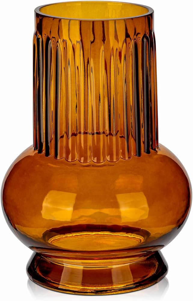 Brown Ribbed Glass Vase, 7" x 3.5" Thickened Modern Flower Fluted Vase Hydroponic Ornament Arrang... | Amazon (US)