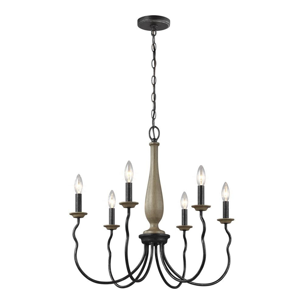 Simira 25 in. W 6-Light Weathered Gray Rustic Farmhouse Candle Style Chandelier with Distressed O... | The Home Depot