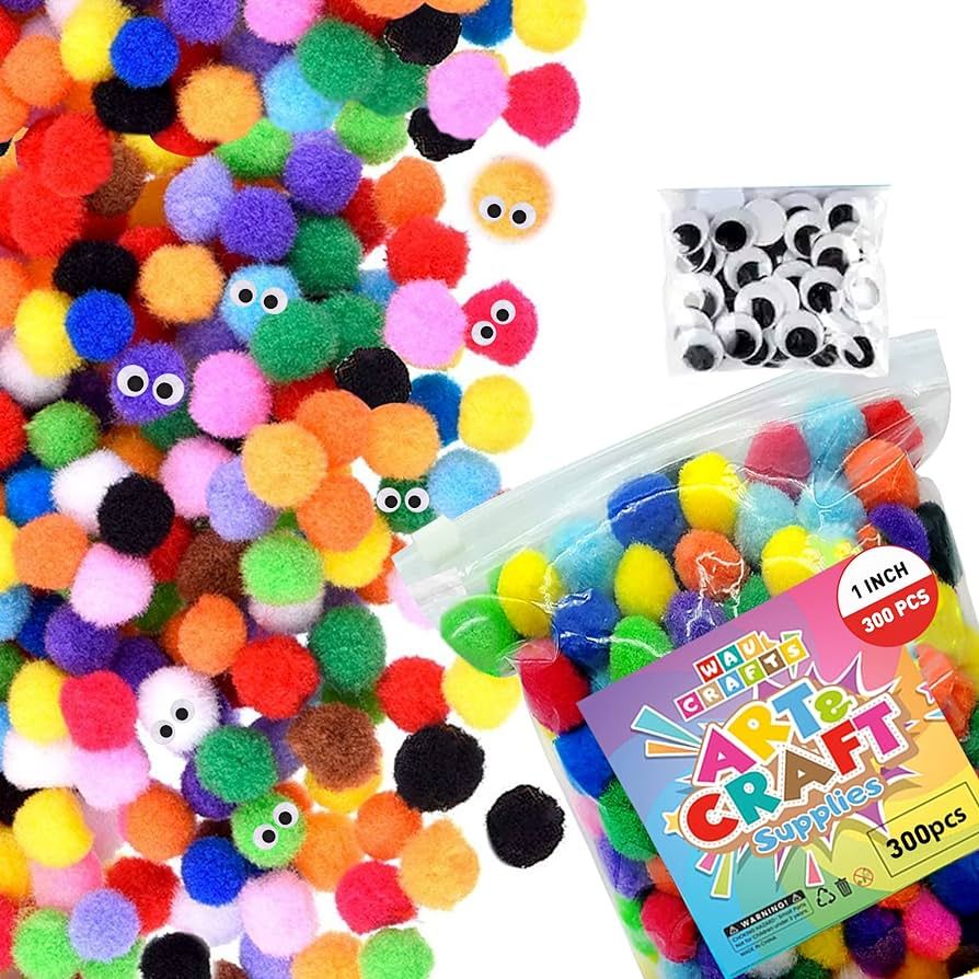 WAU Crafts - 400 Pcs - 1 inch 300 Multicolored Large Pom Poms Arts and Crafts with 100 googly eye... | Amazon (CA)