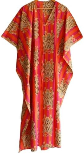 Indian Printed Handmade Kaftan Dress Long Top Caftan, Dress Beach Cover up, Tiger Hand Block Prin... | Amazon (US)