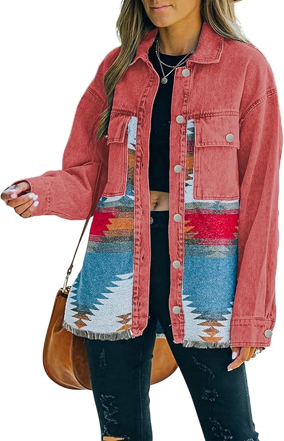 Womens Aztec Denim Jacket Floral Print Contrast Jean Coat Vintage Distressed Shirts Shacket Weste... | Amazon (US)