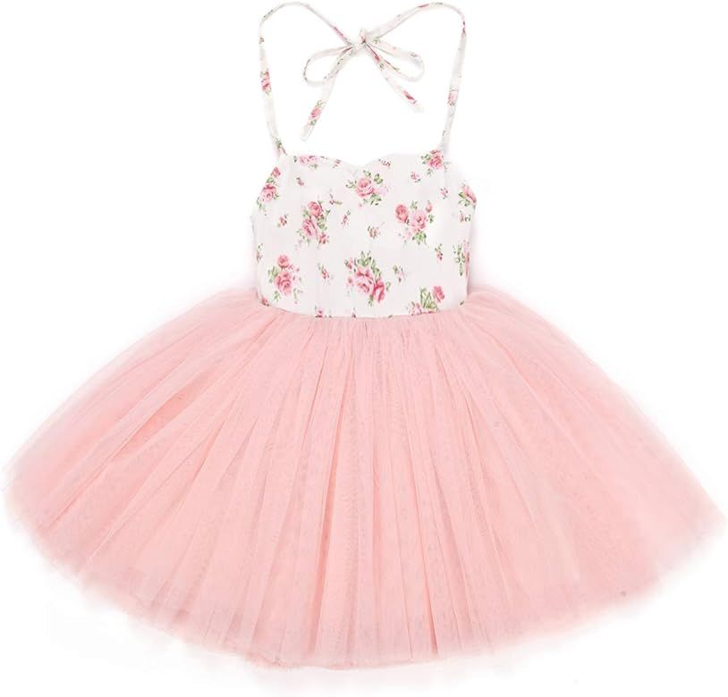 Flofallzique Baby Girls Dress Pink Floral Toddler Tutu Tulle Wedding Tea Party Fancy Infant Dress | Amazon (US)