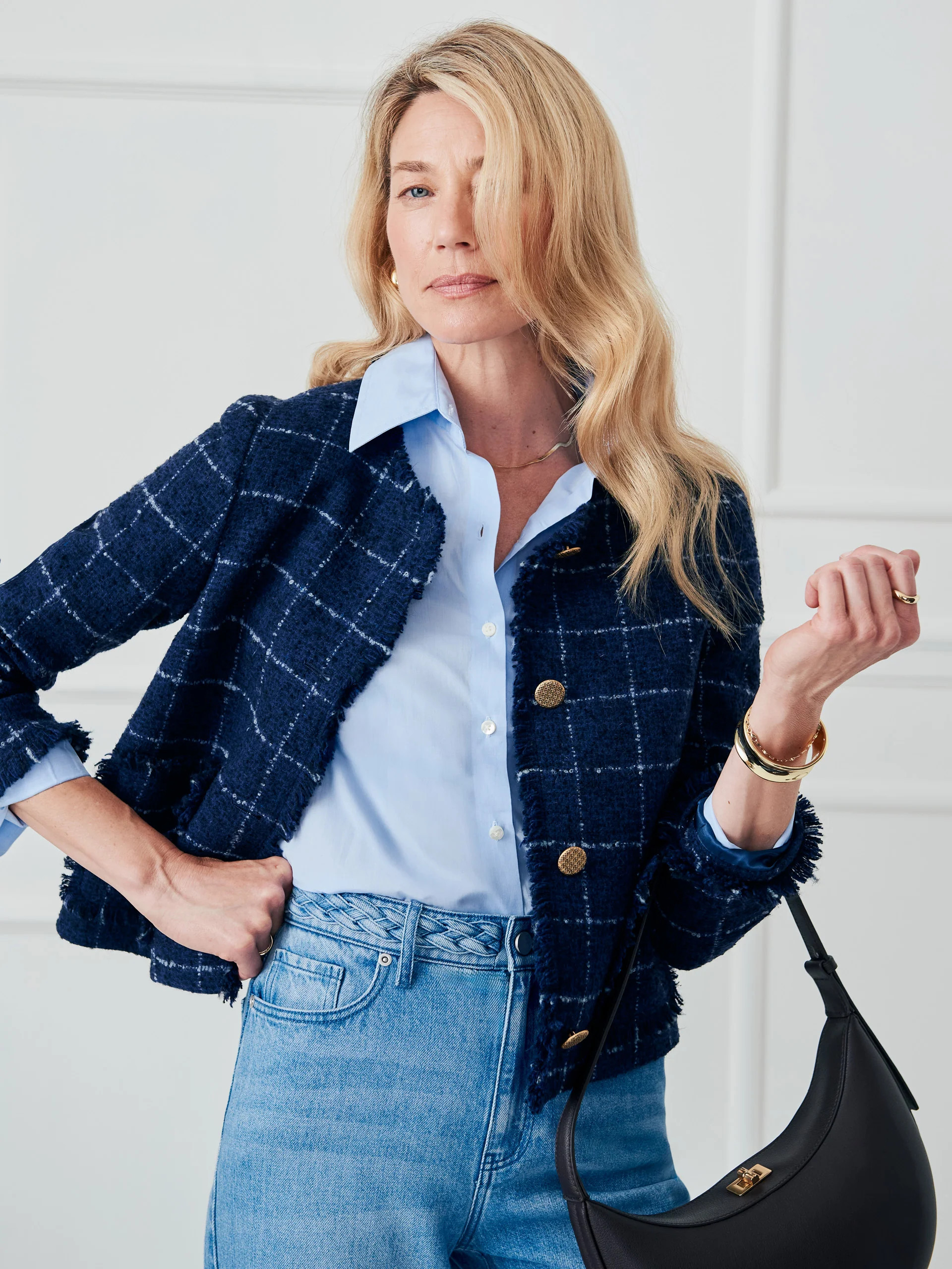 J.McLaughlin Women's Abigail Jacket in Window Pane Navy/White, Size Large | Wool | J.McLaughlin
