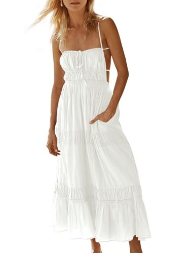 Wenrine Womens Summer Beach Dresses Backless Spaghetti Straps Self Tie Tiered Flowy Casual Maxi Dress with Pockets White | Amazon (US)