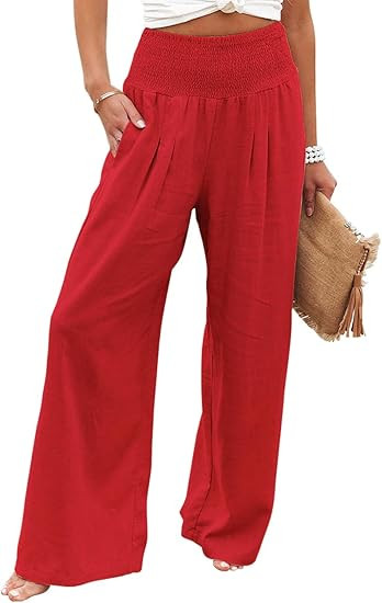 chouyatou Women's Smocked High Waisted Cotton Linen Wide Leg Pants Palazzo with Pockets | Amazon (US)