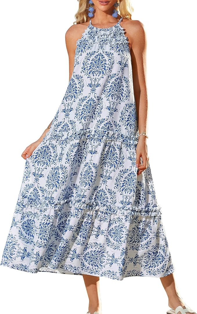 GRACE KARIN Women's Maxi Boho Dress Casual Summer Loose Long Floral Sundresses Flowy Halter Tiere... | Amazon (US)