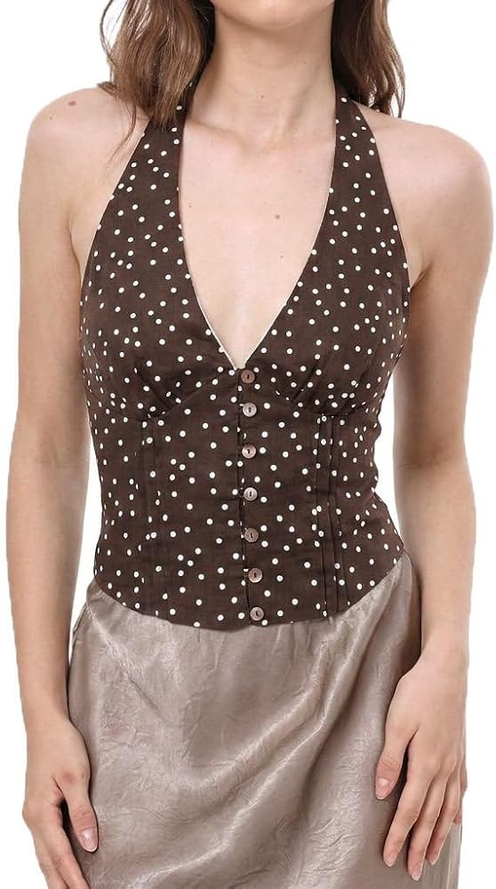 Amazhiyu Women's 100% Linen Polka Dot V Neck Halter Tops | Amazon (US)
