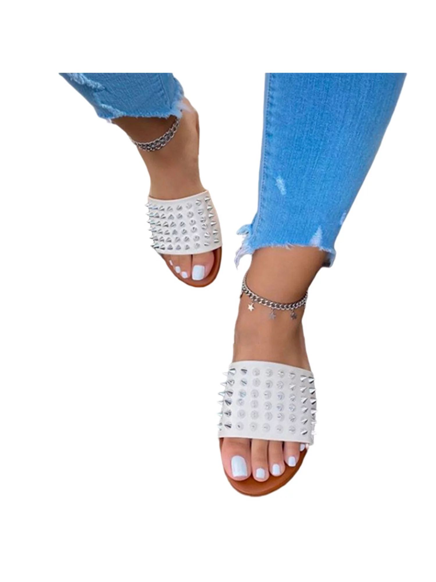 Woobling Womens Studded Rivet Sliders Sandals Ladies Summer Flat Slip On Slippers Shoes | Walmart (US)
