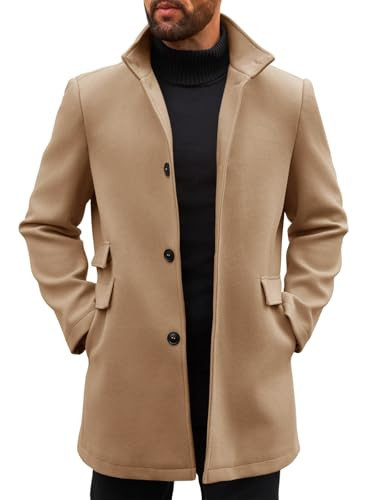 Runcati Mens Pea Coats Single Breasted Stand Collar Casual Slim Fit Trench Coat Mid Long Winter Overcoat with Pockets | Amazon (US)