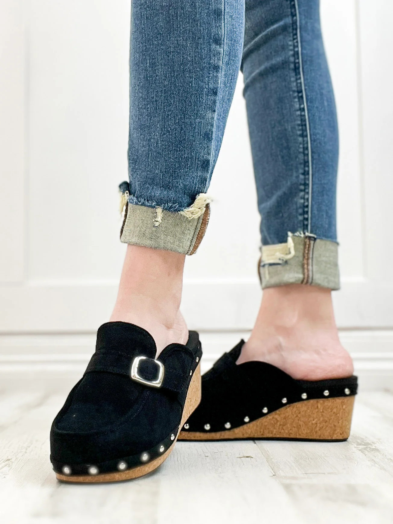 Corkys Just Precious Slip-On Wedge In Black Faux Suede | Emma Lou's Boutique