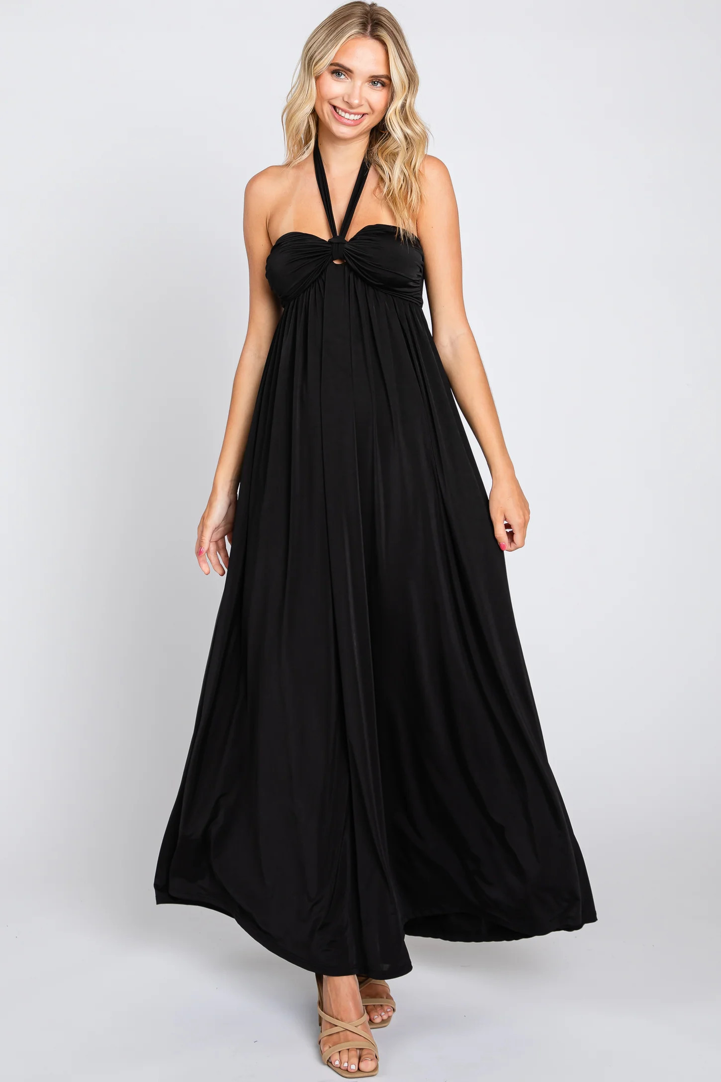 Black Front Knot Halter Maxi Dress | PinkBlush Maternity