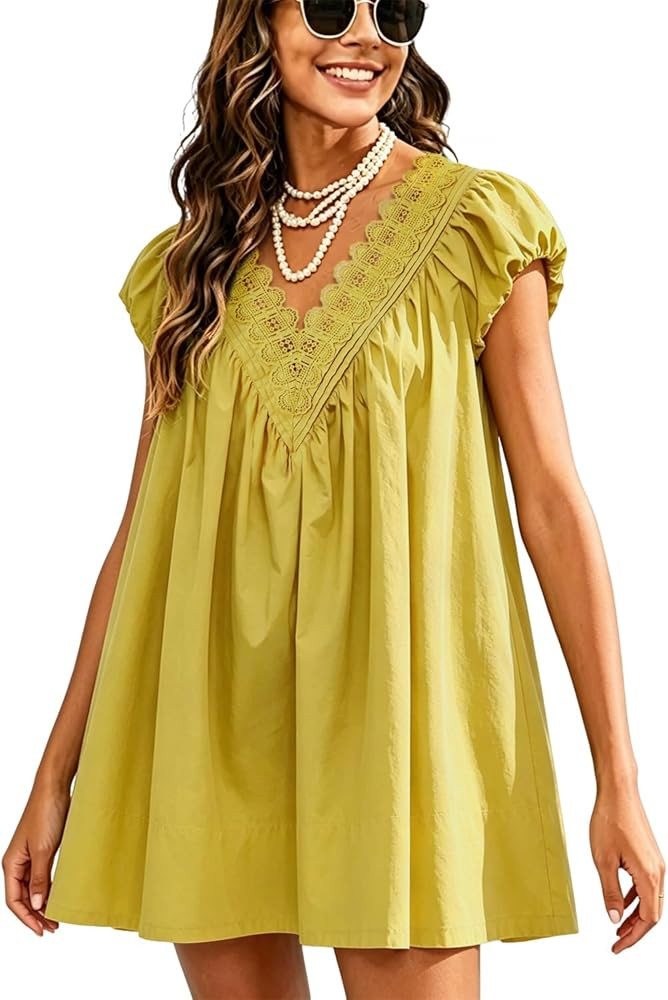 Womens Babydoll Mini Short Dress V Neck Puff Sleeve A Line Boho Scalloped Loose Beach Sundress wi... | Amazon (US)