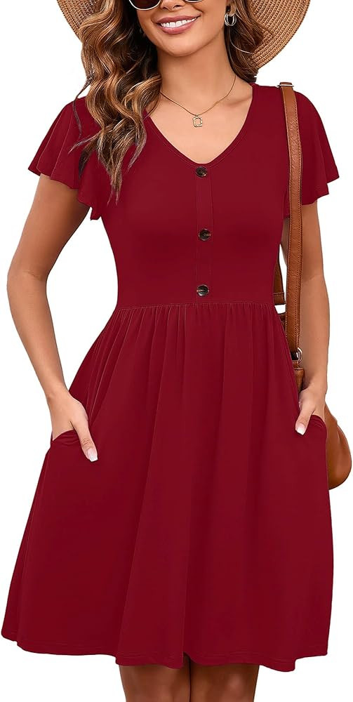 Heymoments Women's Ruffle Sleeve V Neck Swing Sundress Summer Casual A-Line Midi Dress with Pocke... | Amazon (US)