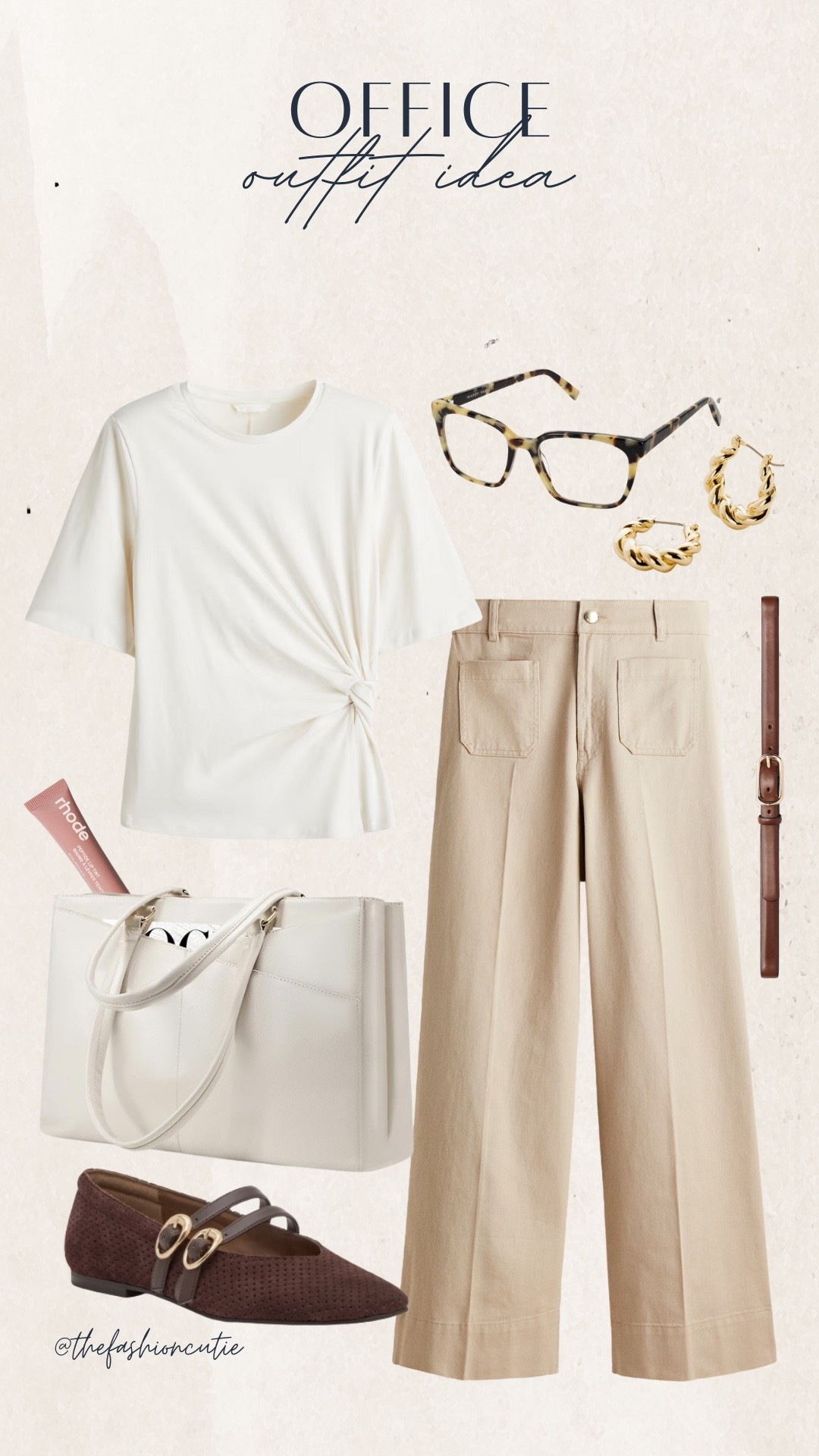 Neutral workwear but make it chic. A knotted cream top, wide-leg pants, and chocolate brown Mary Janes make this the perfect business casual outfit for early fall. Add a structured tote and gold hoops to finish the look.

#LTKStyleTip #LTKWorkwear #LTKFindsUnder100