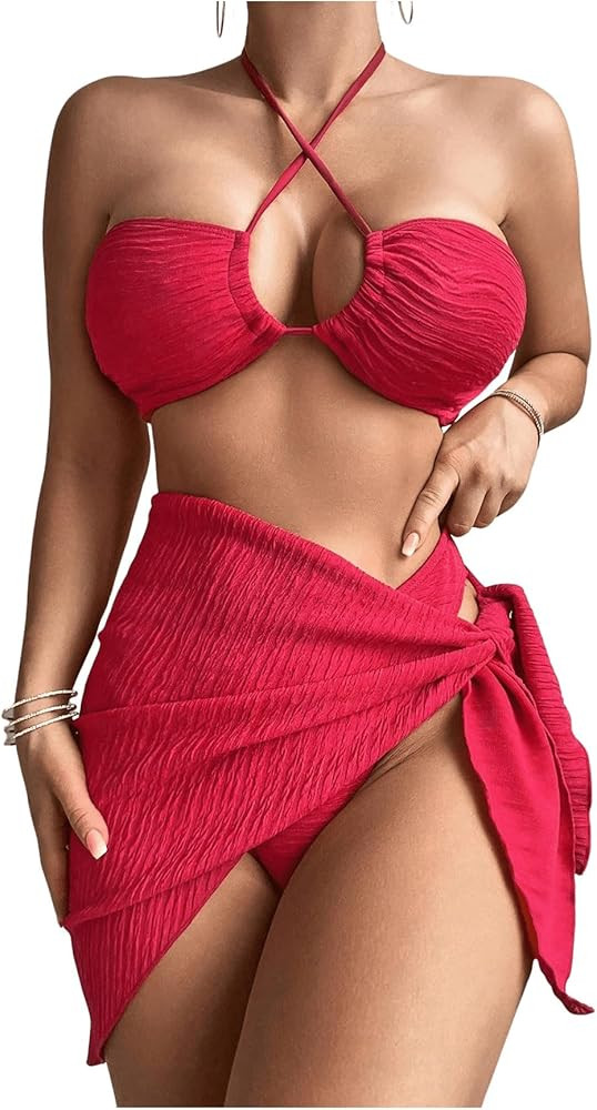Milumia Women's 3 Piece Bikini Set Textured Crisscross Halter Swimsuits with Cover Up Skirt | Amazon (US)