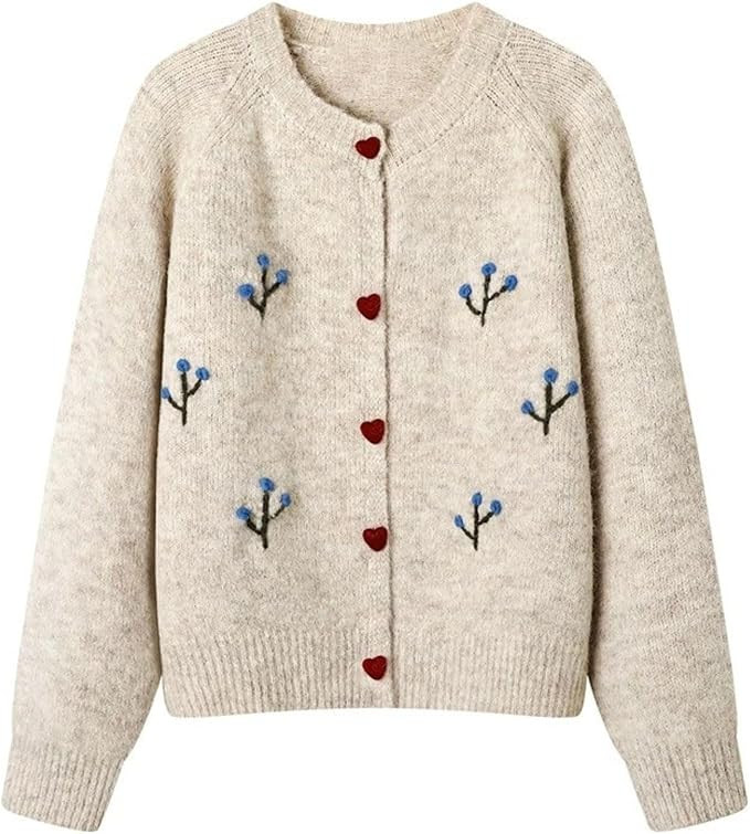 FindThy Women’s Floral Embroidery Cardigan Sweater Cute Heart Button Crewneck Long Sleeve Knitt... | Amazon (US)