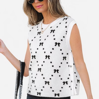 Amaryllis Women's Sleeveless Knit Sweater Vest Bow Pattern Side Button Detail Classic Crew Neck | Target