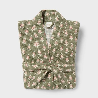 L/XL Floral Waffle Bath Robe Green/Pink - Threshold | eBay US