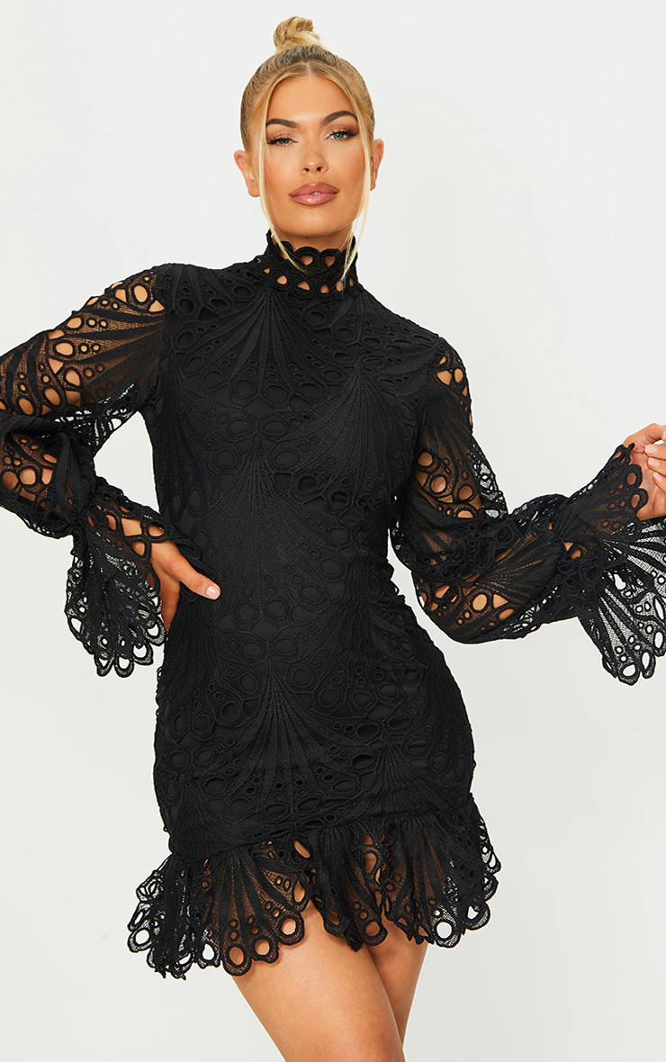 Black High Neck Lace Long Sleeve Frill Bodycon Dress | PrettyLittleThing US