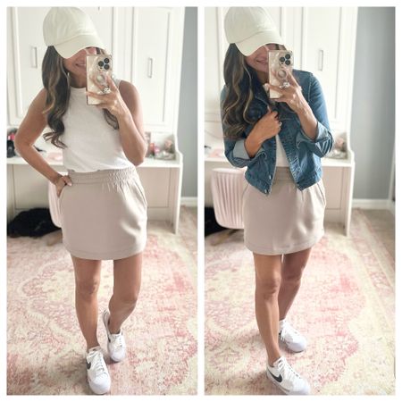 Casual look for spring and summer with a white tank, jean jacket, and skirt with sneakers 

#LTKFindsUnder50 #LTKStyleTip #LTKOver40