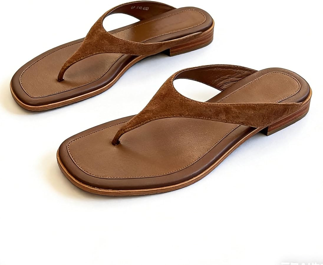 Amazon.com | XHOGNLS Women's T-Strap Square Toe Flat Flip Flops Fashion Comfort Low Heels Slip On Clip Toe Slides Summer Lightweight Outdoor Beach Walk Shopping Thong Sandals (4.5,Brown) | Flip-Flops | Amazon (US)